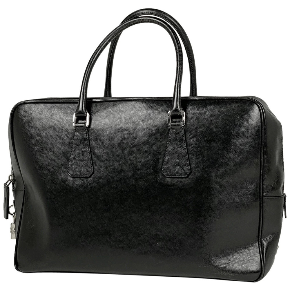 Prada Logo Plate Business Bag Briefcase Document Saffiano Leather Nero Black